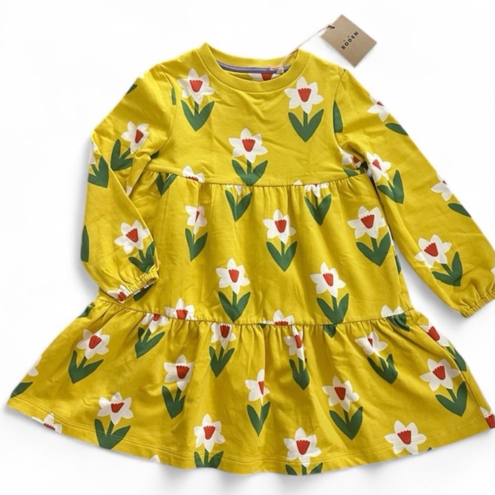 Mini Boden Yellow Daffodil Long Sleeve Sweatshirt Dress Girls 6-7 🌼 NWT